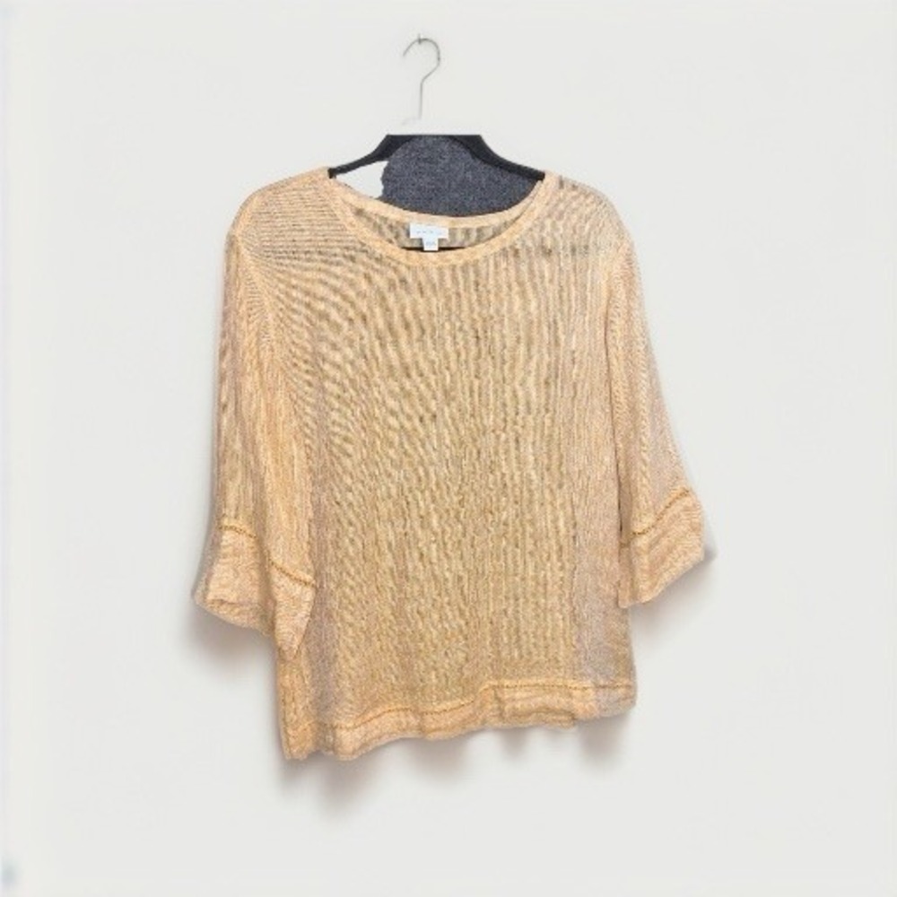 J.Jill PureJill Linen Tan Airy Weave‎ Top Small Semi Sheer Blouse 3/4 Sleeves
